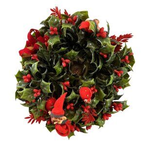 Vintage Christmas Holly Candle Holder Centerpiece With Red Berries & Elf Accents